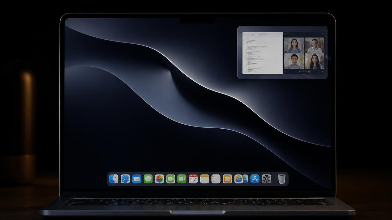 A MacBook desktop with a floating PiP Screen window mirroring a virtual second display
